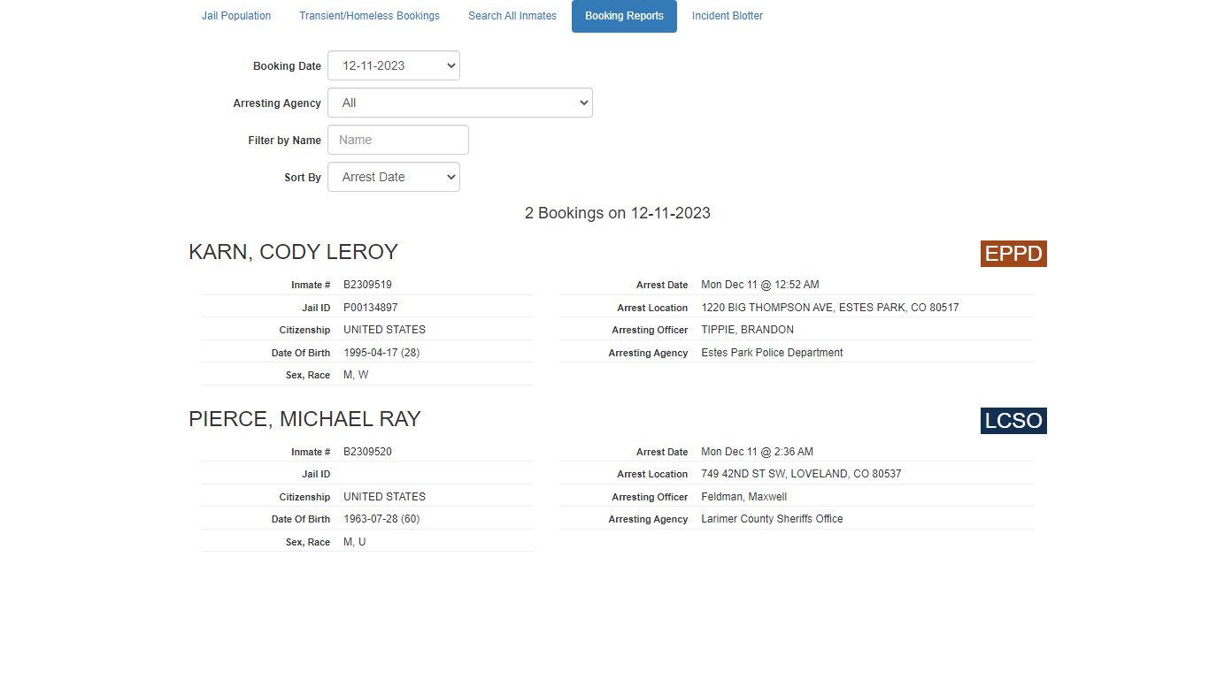 Booking Report - Larimer County Sheriff